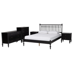 Baxton Studio Callison Spindle 5-Piece Bedroom Set - Farmhouse Platform Bed with Matching Dresser, Chest, and 2-Drawer Nightstands, Black, Queen